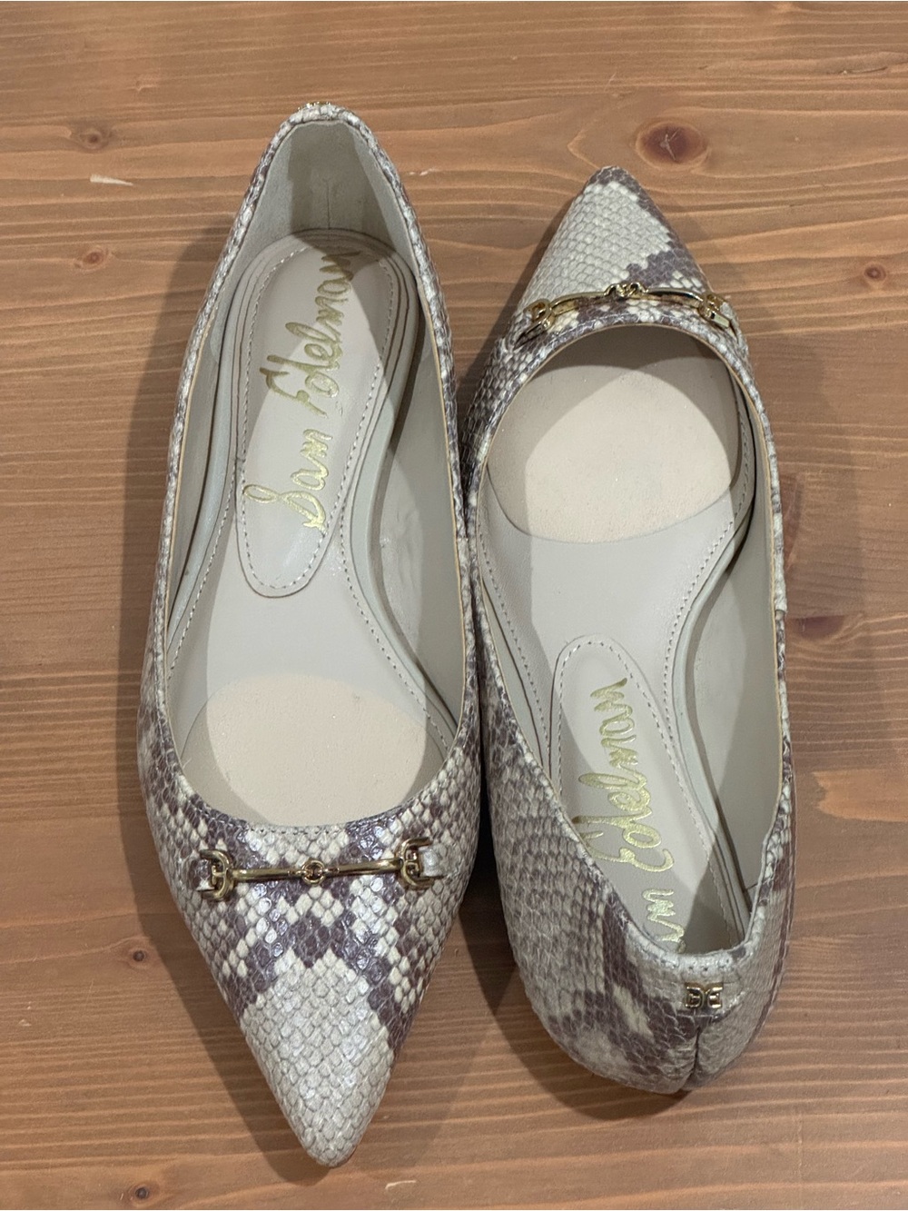 Sam Edelman Pointed-Toe Snake-Print Flats in Taupe and Cream